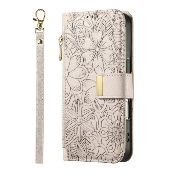 For Samsung Galaxy S24+ 5G Flowers Leaves Zipper Wallet Leather Phone Case with Strap(Khaki)
