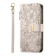 For Samsung Galaxy S24+ 5G Flowers Leaves Zipper Wallet Leather Phone Case with Strap(Khaki)