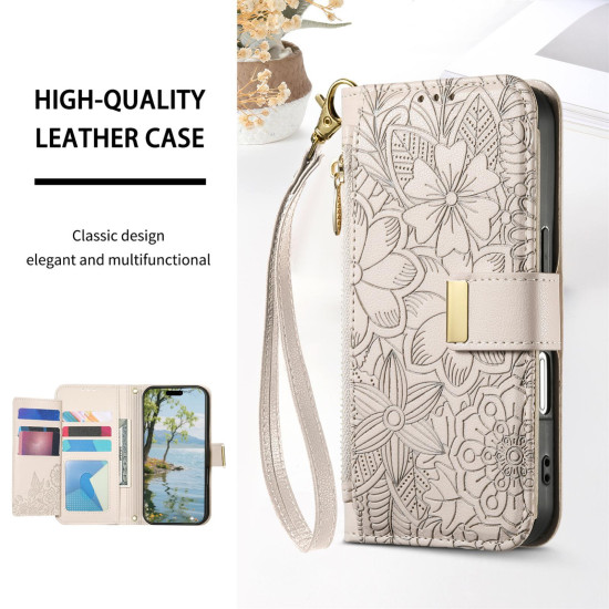 For Samsung Galaxy S24+ 5G Flowers Leaves Zipper Wallet Leather Phone Case with Strap(Khaki)