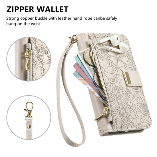 For Samsung Galaxy S24+ 5G Flowers Leaves Zipper Wallet Leather Phone Case with Strap(Khaki)