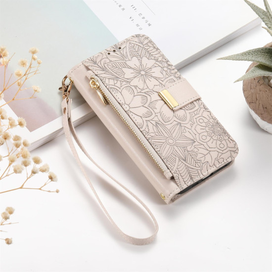 For Samsung Galaxy S24+ 5G Flowers Leaves Zipper Wallet Leather Phone Case with Strap(Khaki)
