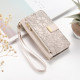 For Samsung Galaxy S24+ 5G Flowers Leaves Zipper Wallet Leather Phone Case with Strap(Khaki)