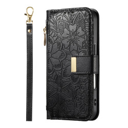 For Samsung Galaxy S24+ 5G Flowers Leaves Zipper Wallet Leather Phone Case with Strap(Black)