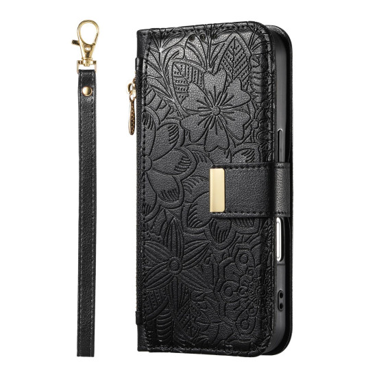 For Samsung Galaxy S24+ 5G Flowers Leaves Zipper Wallet Leather Phone Case with Strap(Black)