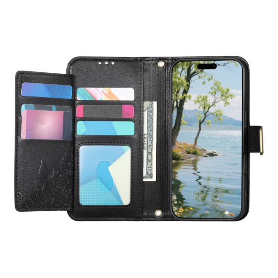 For Samsung Galaxy S24+ 5G Flowers Leaves Zipper Wallet Leather Phone Case with Strap(Black)