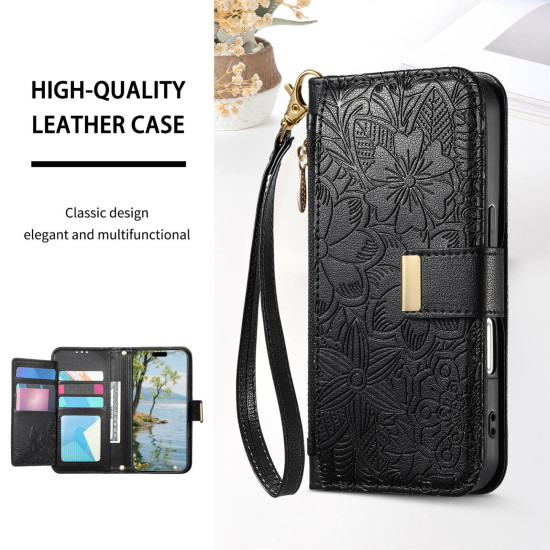 For Samsung Galaxy S24+ 5G Flowers Leaves Zipper Wallet Leather Phone Case with Strap(Black)