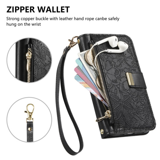 For Samsung Galaxy S24+ 5G Flowers Leaves Zipper Wallet Leather Phone Case with Strap(Black)
