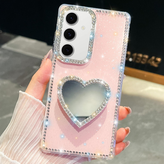 For Samsung Galaxy S24+ 5G Diamond Glitter Mirror Heart Holder Phone Case(Light Pink)