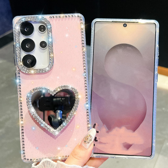 For Samsung Galaxy S24+ 5G Diamond Glitter Mirror Heart Holder Phone Case(Light Yellow)