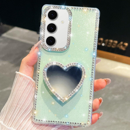 For Samsung Galaxy S24+ 5G Diamond Glitter Mirror Heart Holder Phone Case(Light Green)