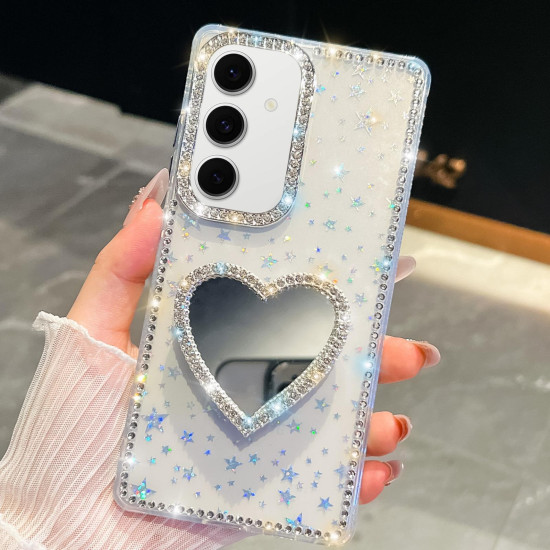 For Samsung Galaxy S24+ 5G Diamond Glitter Mirror Heart Holder Phone Case(Transparent Stars)