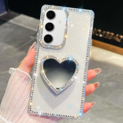 For Samsung Galaxy S24+ 5G Diamond Glitter Mirror Heart Holder Phone Case(Transparent)
