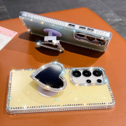For Samsung Galaxy S24+ 5G Diamond Glitter Mirror Heart Holder Phone Case(Transparent)