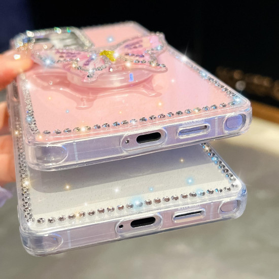 For Samsung Galaxy S24+ 5G Diamond Glitter Butterfly Holder Phone Case(Light Pink)