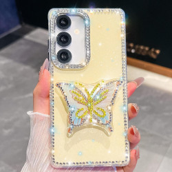 For Samsung Galaxy S24+ 5G Diamond Glitter Butterfly Holder Phone Case(Light Yellow)