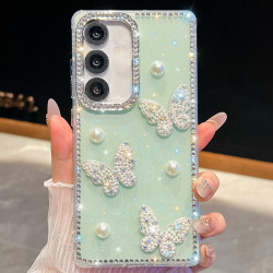 For Samsung Galaxy S24+ 5G Diamond Glitter Pearl Butterfly Four-Corner Shockproof Phone Case(Light Green)