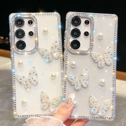 For Samsung Galaxy S24+ 5G Diamond Glitter Pearl Butterfly Four-Corner Shockproof Phone Case(Light Green)
