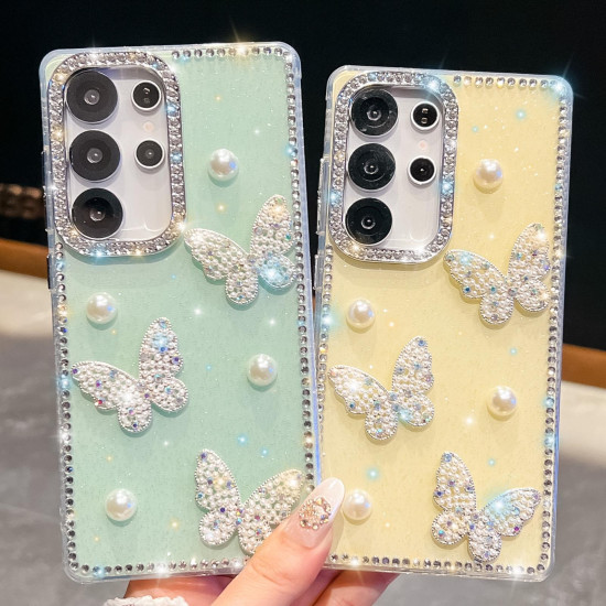 For Samsung Galaxy S24+ 5G Diamond Glitter Pearl Butterfly Four-Corner Shockproof Phone Case(Light Green)