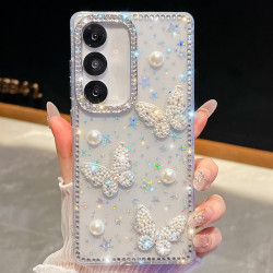 For Samsung Galaxy S24+ 5G Diamond Glitter Pearl Butterfly Four-Corner Shockproof Phone Case(Transparent Stars)