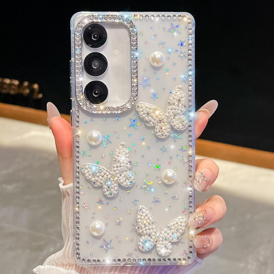 For Samsung Galaxy S24+ 5G Diamond Glitter Pearl Butterfly Four-Corner Shockproof Phone Case(Transparent Stars)