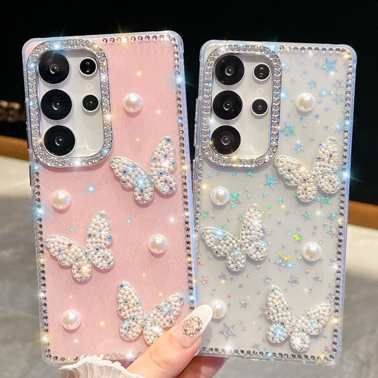For Samsung Galaxy S24+ 5G Diamond Glitter Pearl Butterfly Four-Corner Shockproof Phone Case(Transparent Stars)