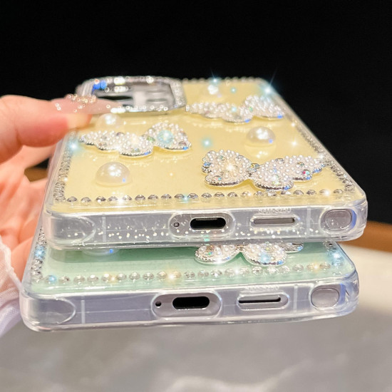 For Samsung Galaxy S24+ 5G Diamond Glitter Pearl Butterfly Four-Corner Shockproof Phone Case(Transparent)
