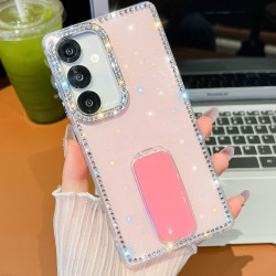 For Samsung Galaxy S24+ 5G Rhinestone Glitter TPU 4-corners Anti-fall Phone Case with Holder(Light Pink)