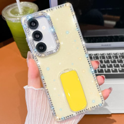For Samsung Galaxy S24+ 5G Rhinestone Glitter TPU 4-corners Anti-fall Phone Case with Holder(Light Yellow)