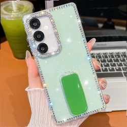 For Samsung Galaxy S24+ 5G Rhinestone Glitter TPU 4-corners Anti-fall Phone Case with Holder(Light Green)