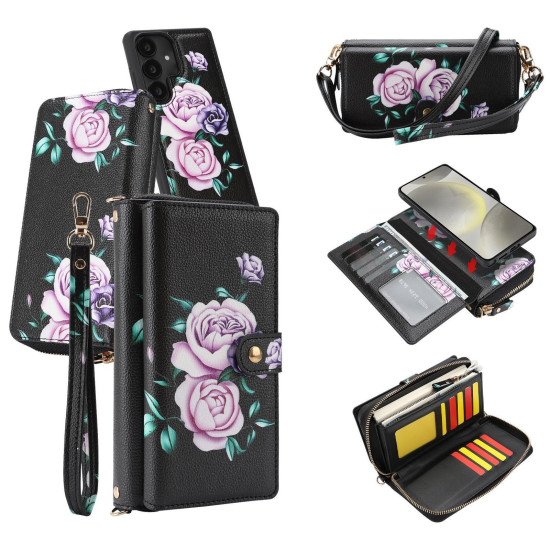 For Samsung Galaxy S24+ 5G Crossbody Flower Multi-functional Buckle Zipper Wallet Vegan Leather Phone Case(Black)