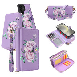 For Samsung Galaxy S24+ 5G Crossbody Flower Multi-functional Buckle Zipper Wallet Vegan Leather Phone Case(Purple)