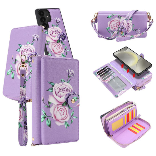 For Samsung Galaxy S24+ 5G Crossbody Flower Multi-functional Buckle Zipper Wallet Vegan Leather Phone Case(Purple)