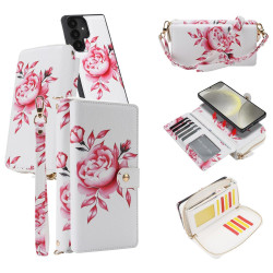 For Samsung Galaxy S24+ 5G Crossbody Flower Multi-functional Buckle Zipper Wallet Vegan Leather Phone Case(gray)