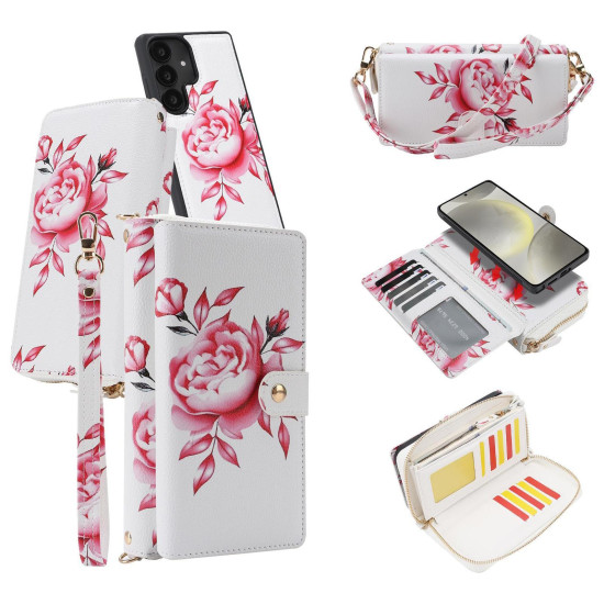 For Samsung Galaxy S24+ 5G Crossbody Flower Multi-functional Buckle Zipper Wallet Vegan Leather Phone Case(gray)