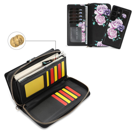 For Samsung Galaxy S24+ 5G Crossbody Flower Multi-functional Buckle Zipper Wallet Vegan Leather Phone Case(gray)