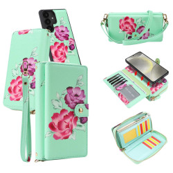 For Samsung Galaxy S24+ 5G Crossbody Flower Multi-functional Buckle Zipper Wallet Vegan Leather Phone Case(Green)