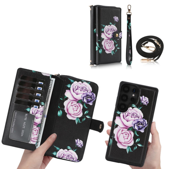For Samsung Galaxy S24+ 5G Crossbody Flower Multi-functional Buckle Zipper Wallet Vegan Leather Phone Case(Green)