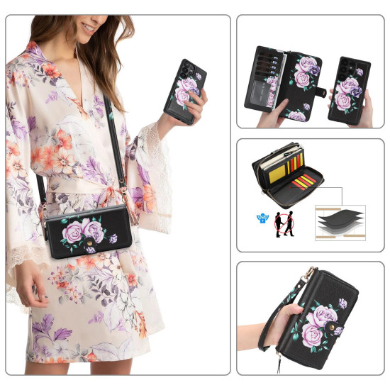 For Samsung Galaxy S24+ 5G Crossbody Flower Multi-functional Buckle Zipper Wallet Vegan Leather Phone Case(Green)