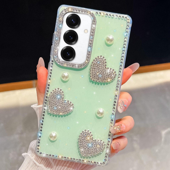 For Samsung Galaxy S24+ 5G Diamond Glitter Pearl Heart Four-Corner Shockproof Phone Case(Light Green)