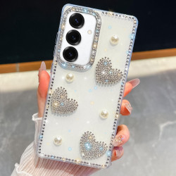 For Samsung Galaxy S24+ 5G Diamond Glitter Pearl Heart Four-Corner Shockproof Phone Case(White)