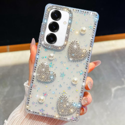 For Samsung Galaxy S24+ 5G Diamond Glitter Pearl Heart Four-Corner Shockproof Phone Case(Transparent Stars)