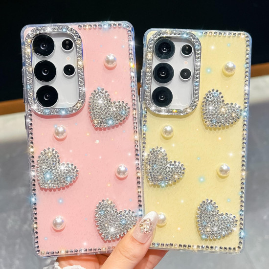 For Samsung Galaxy S24+ 5G Diamond Glitter Pearl Heart Four-Corner Shockproof Phone Case(Transparent Stars)