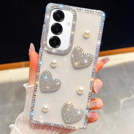 For Samsung Galaxy S24+ 5G Diamond Glitter Pearl Heart Four-Corner Shockproof Phone Case(Transparent)