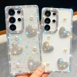 For Samsung Galaxy S24+ 5G Diamond Glitter Pearl Heart Four-Corner Shockproof Phone Case(Transparent)