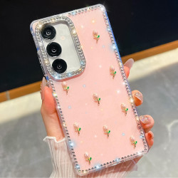 For Samsung Galaxy S24+ 5G Rhinestone Glitter 3D Tulip Four-Corner Shockproof Phone Case(Light Pink)