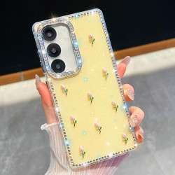 For Samsung Galaxy S24+ 5G Rhinestone Glitter 3D Tulip Four-Corner Shockproof Phone Case(Light Yellow)