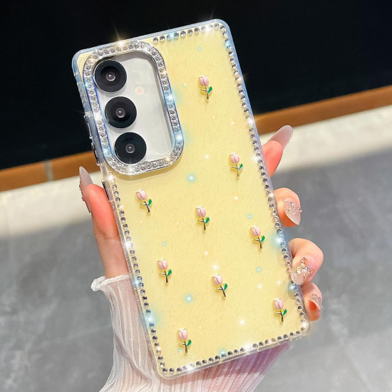 For Samsung Galaxy S24+ 5G Rhinestone Glitter 3D Tulip Four-Corner Shockproof Phone Case(Light Yellow)