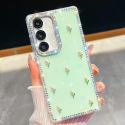 For Samsung Galaxy S24+ 5G Rhinestone Glitter 3D Tulip Four-Corner Shockproof Phone Case(Light Green)