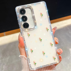 For Samsung Galaxy S24+ 5G Rhinestone Glitter 3D Tulip Four-Corner Shockproof Phone Case(White)