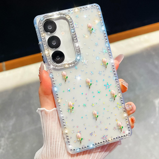 For Samsung Galaxy S24+ 5G Rhinestone Glitter 3D Tulip Four-Corner Shockproof Phone Case(Transparent Stars)